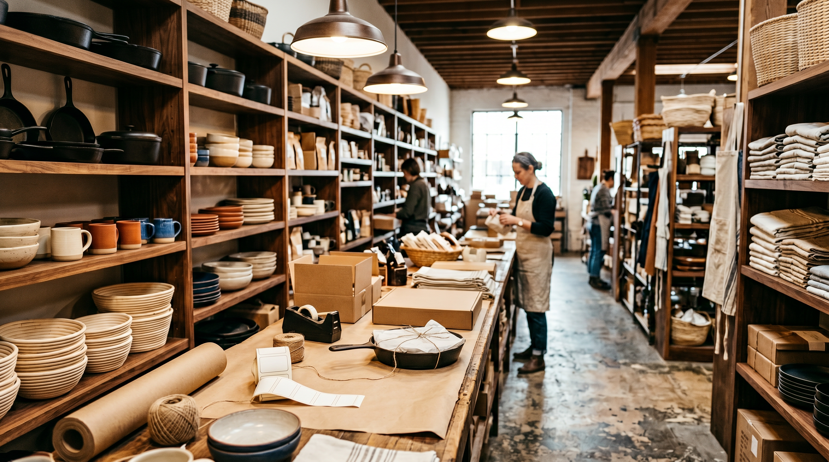 Inside the Everything Kitchens warehouse — shelves of cast iron, stoneware, and linen, and a small team packing orders