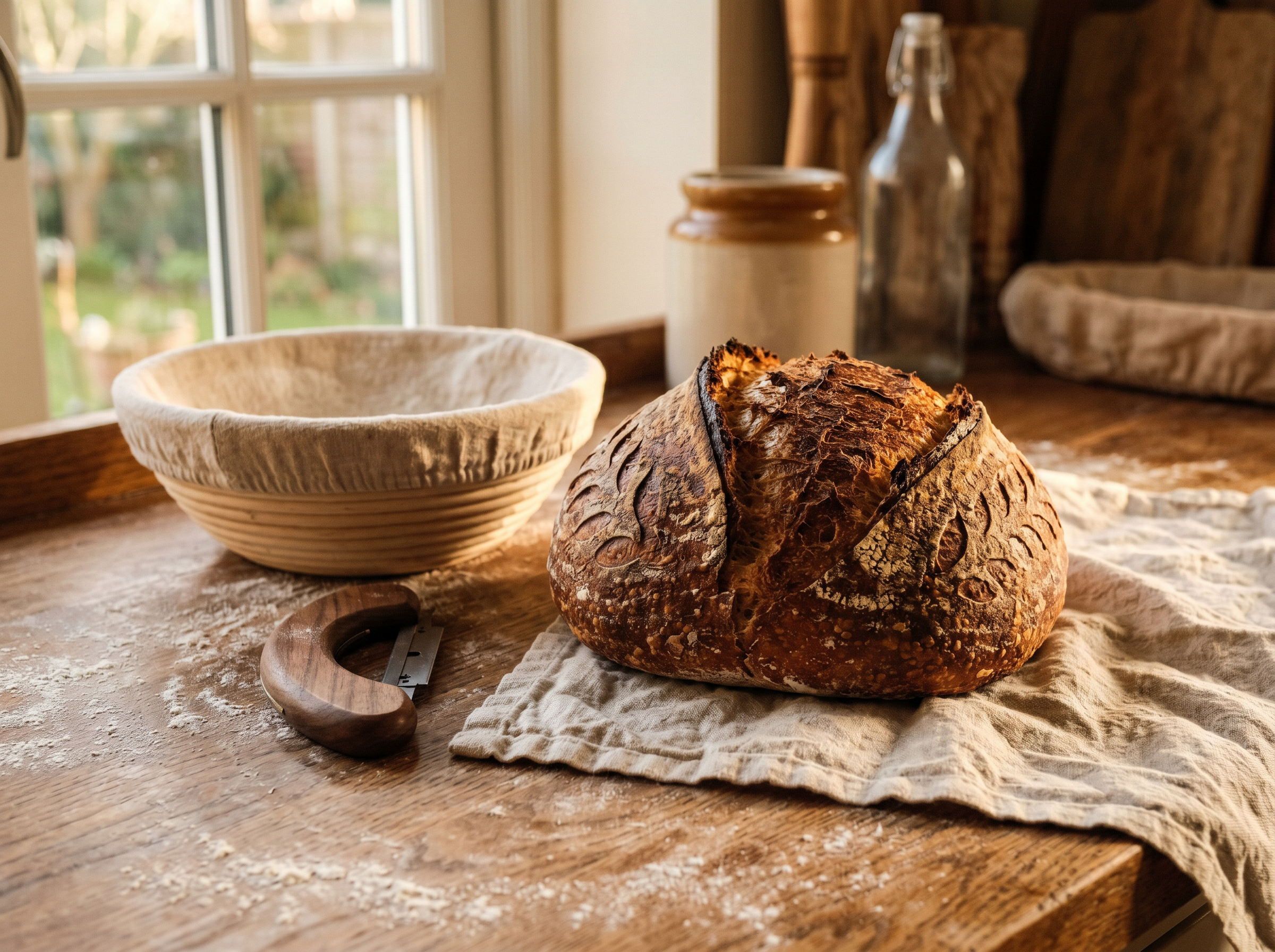 Freshly scored sourdough loaf with rattan banneton and bread lame on a floured wooden table