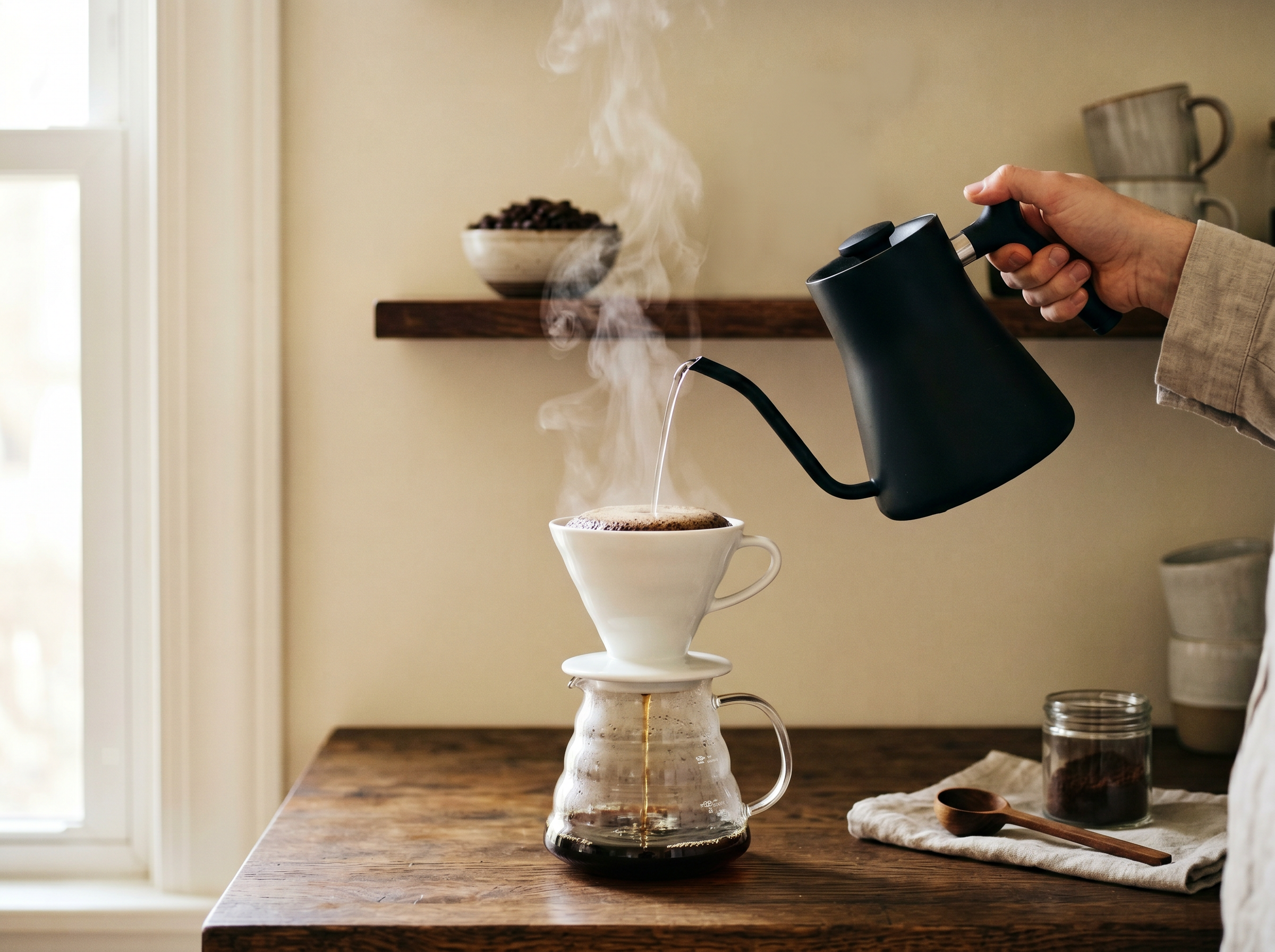Pour-over coffee being brewed with a matte-black gooseneck kettle and ceramic dripper