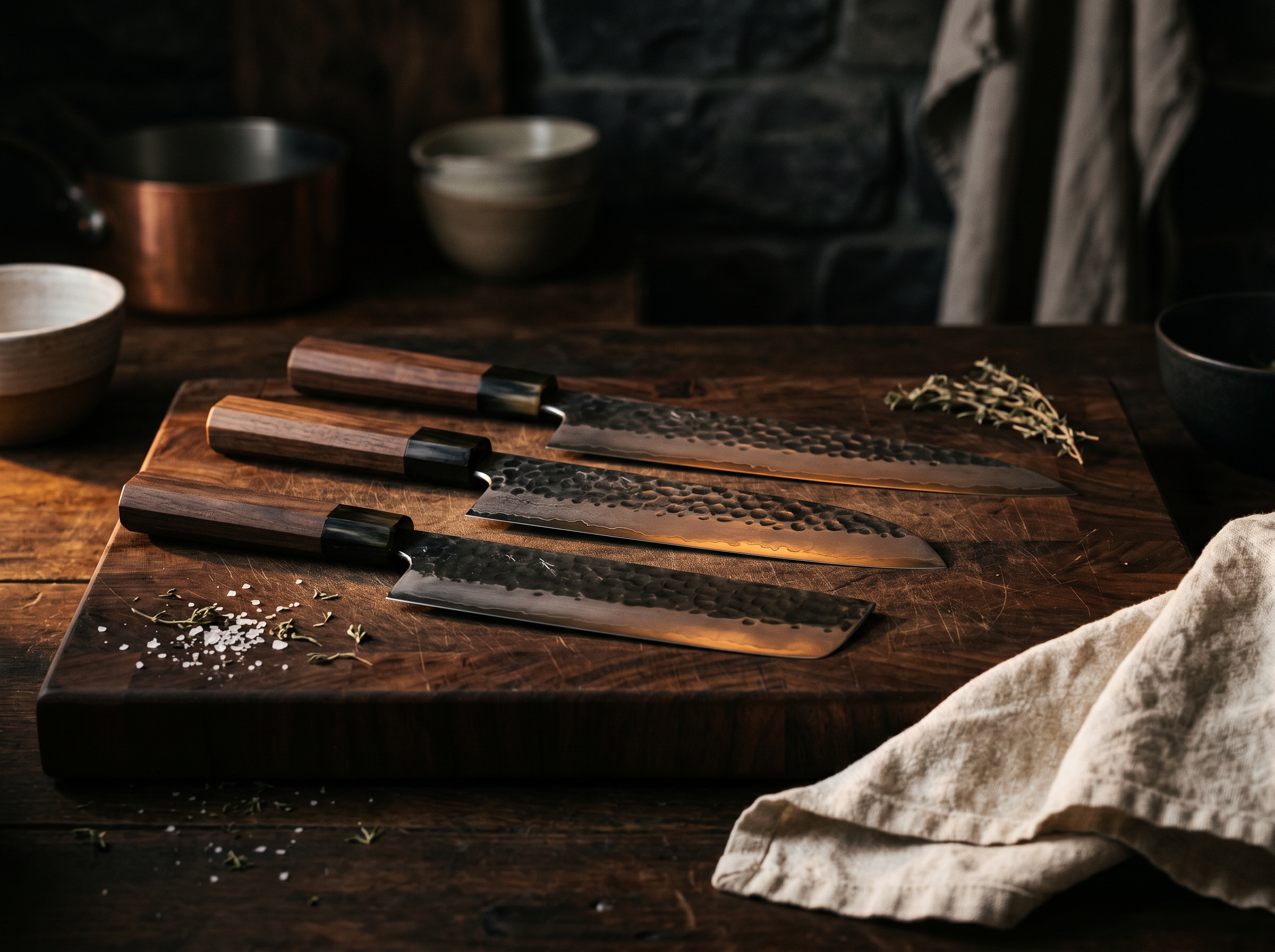Three hand-forged Japanese chef knives on a walnut butcher block