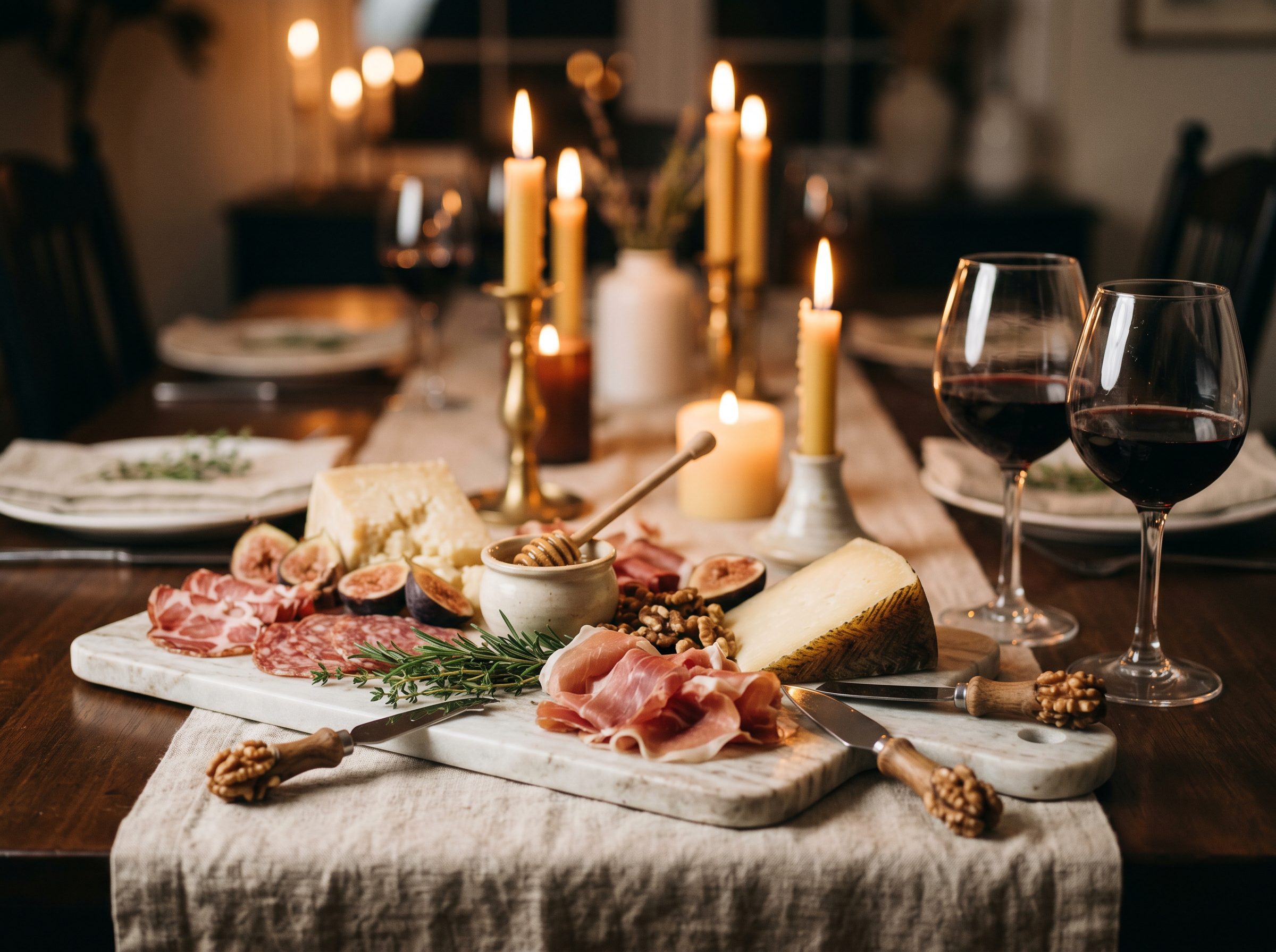 Candlelit charcuterie board with marble, walnut cheese knives, cheese, figs and wine