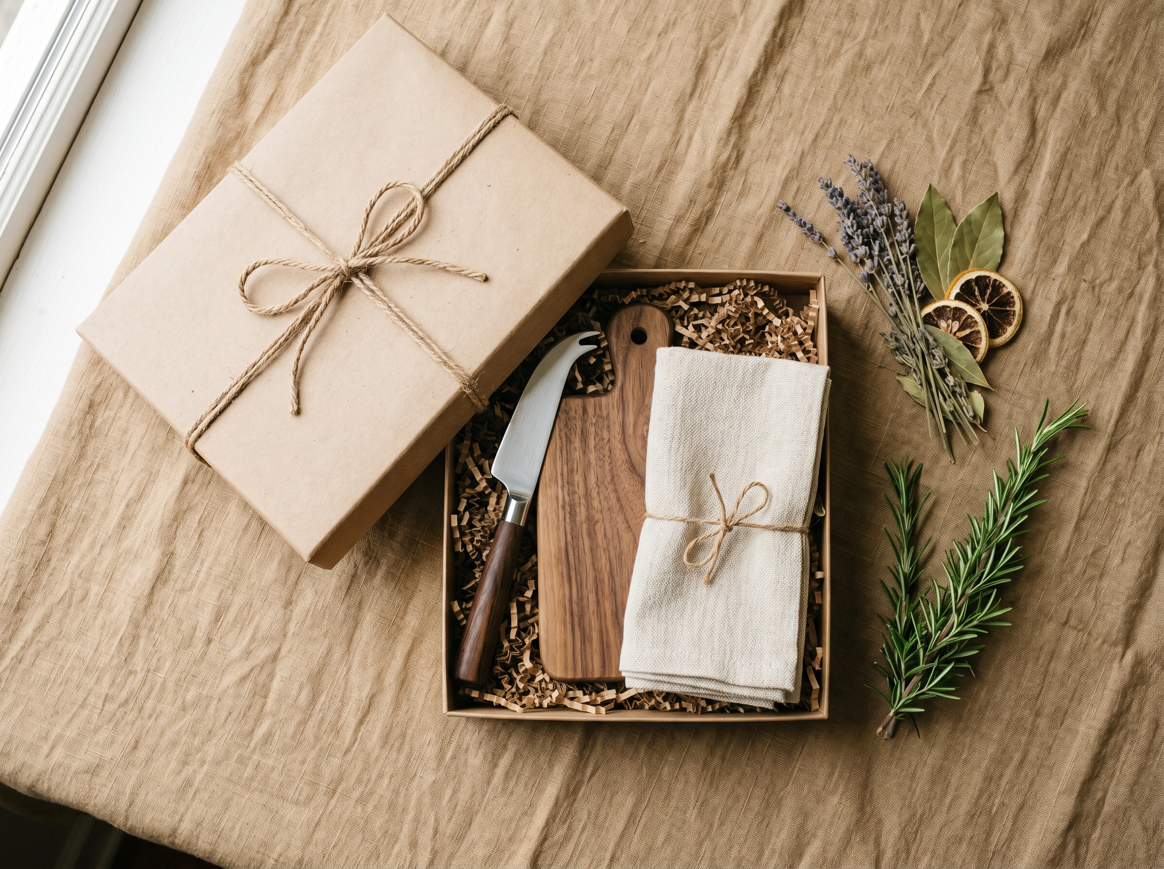 Craft-paper gift box with walnut cheese board, stainless knife, linen napkin and dried herbs