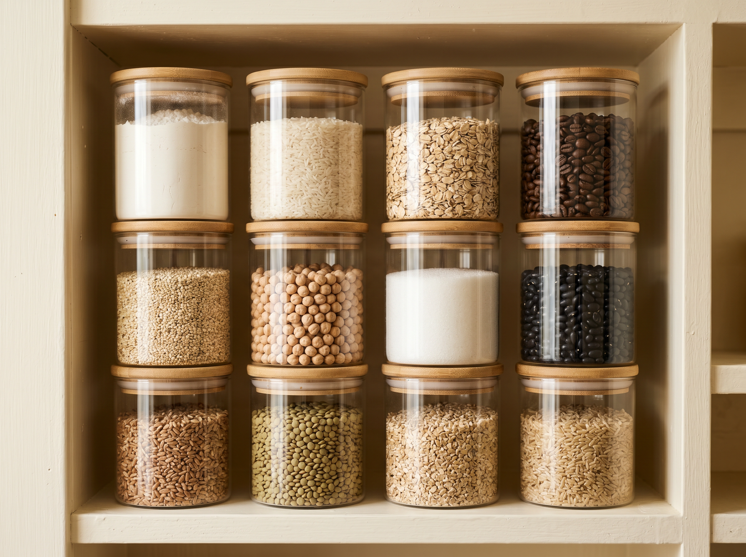 Twelve modular glass pantry canisters with bamboo lids on a cream shelf