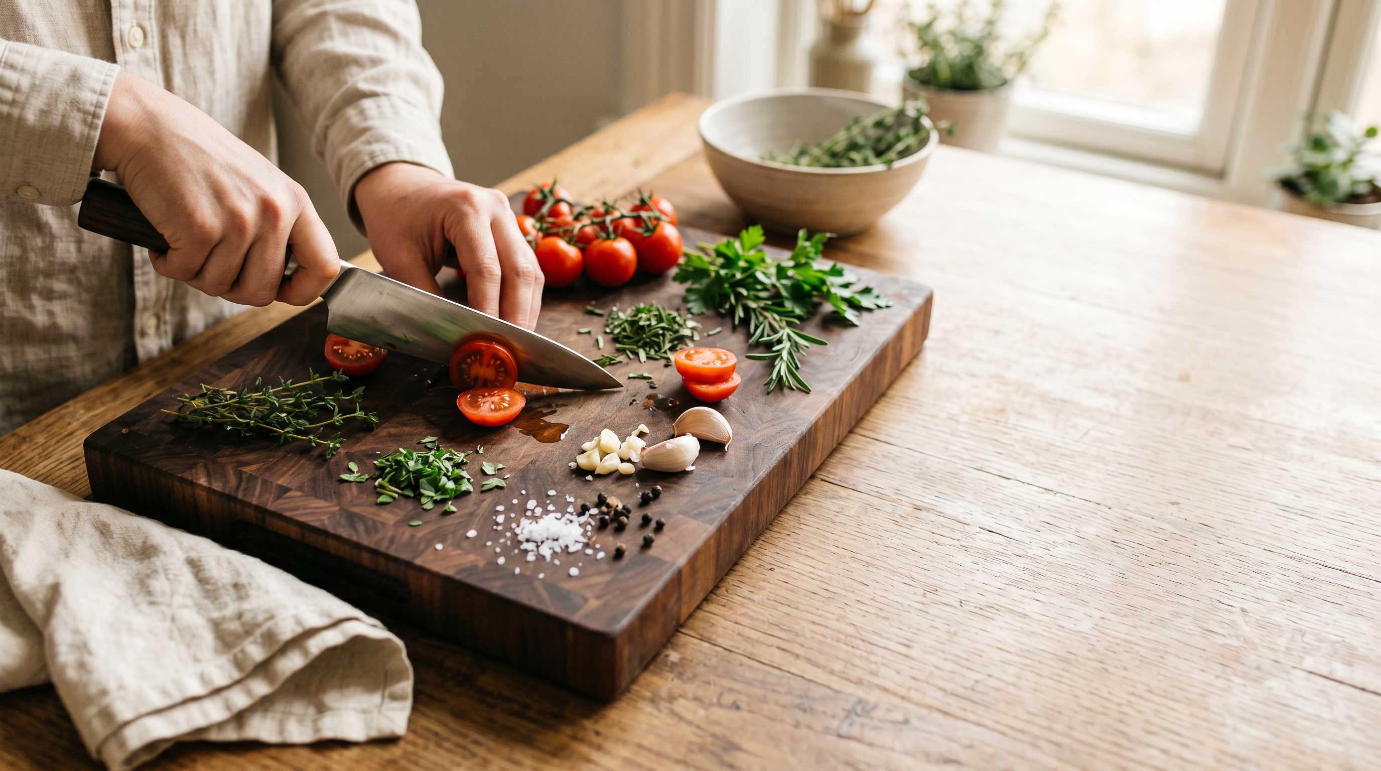 Hands slicing tomatoes and herbs on an end-grain walnut cutting board