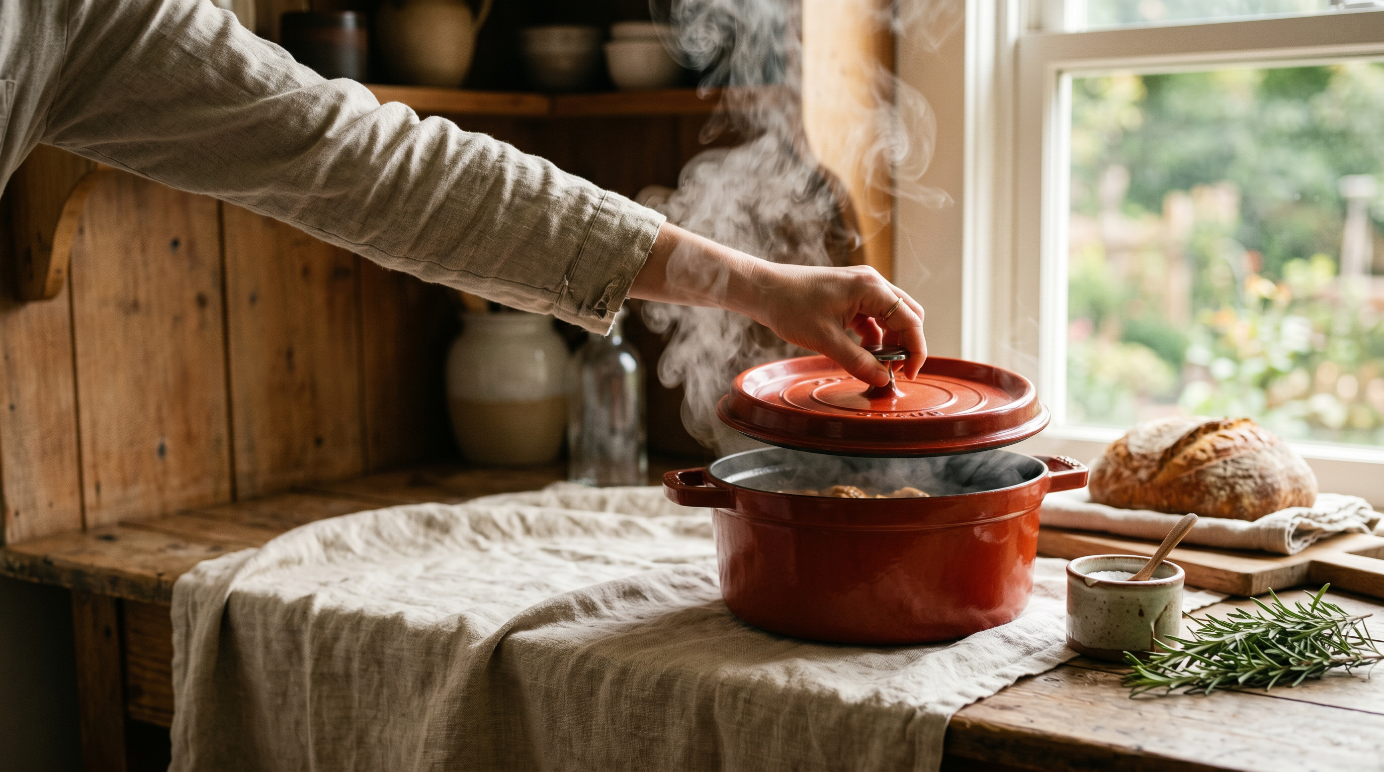 Everything Kitchens — hands lifting the lid on a harvest-red Dutch oven in warm kitchen light