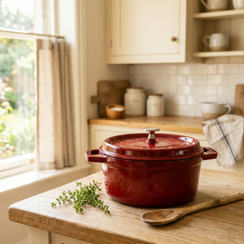 Red enameled cast iron Dutch oven on rustic farmhouse kitchen counter