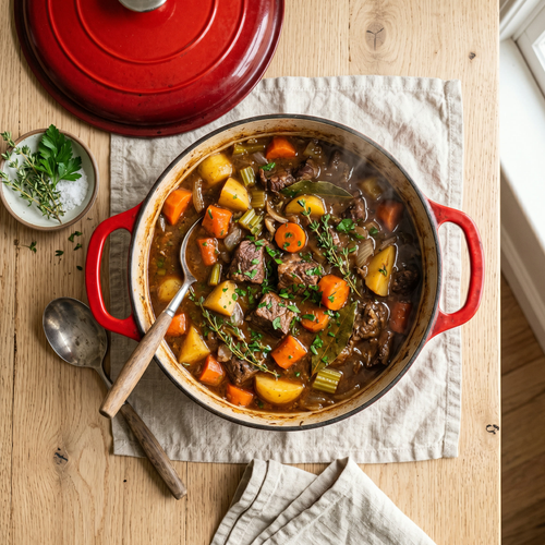 Red enameled cast iron Dutch oven on rustic farmhouse kitchen counter