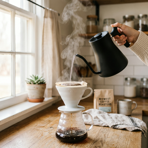 Matte black gooseneck kettle and ceramic pour-over dripper on light wooden counter