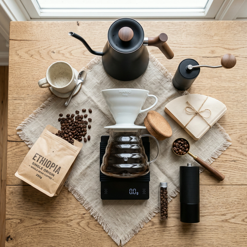 Matte black gooseneck kettle and ceramic pour-over dripper on light wooden counter
