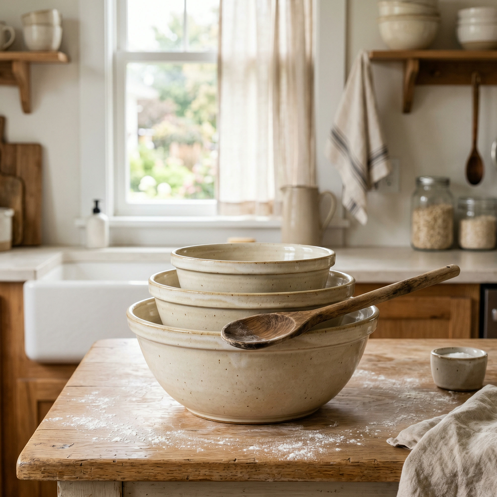 Stoneware Mixing Bowl Set — Nesting Trio in Cream — Everything Kitchens