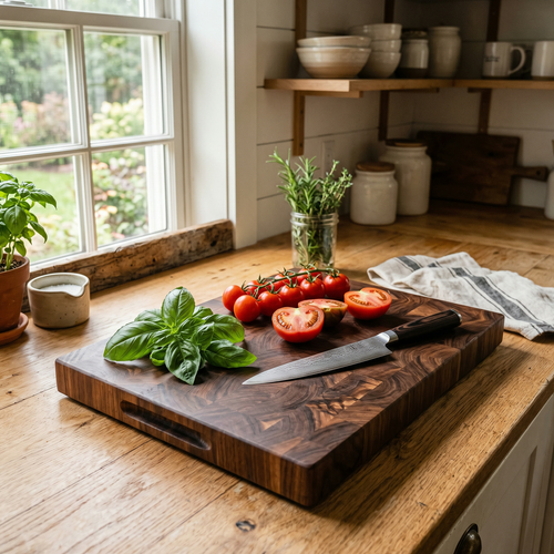 End-grain walnut cutting board with vegetables and chef knife on kitchen counter