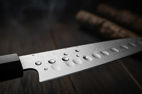 Macro shot of Japanese knife blade edge with water droplet beading on steel