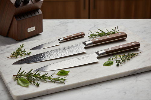 Artisan knife trio arranged on marble cutting board with fresh herbs